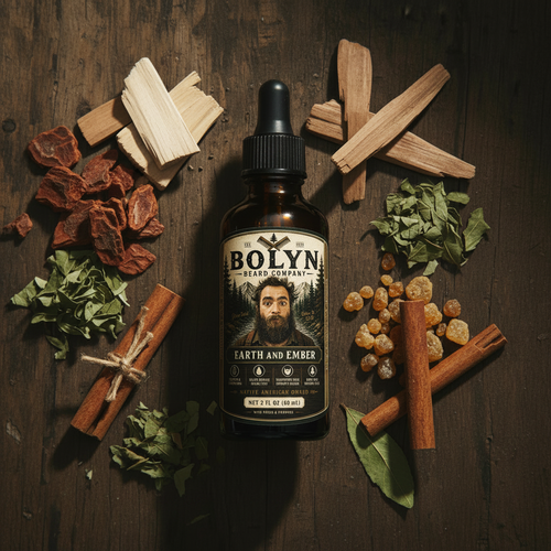 Earth and Ember beard oil flat lay