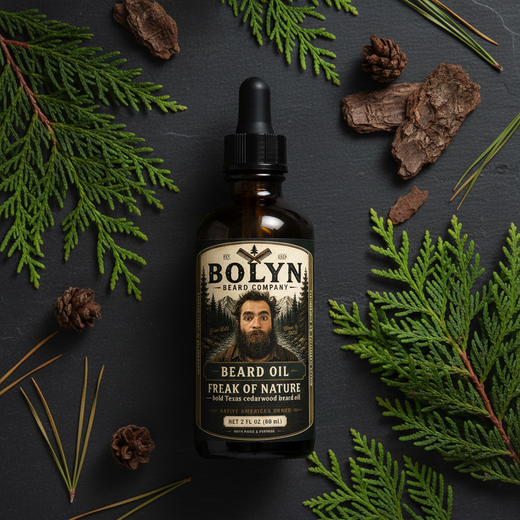 Freak of Nature beard oil flat lay