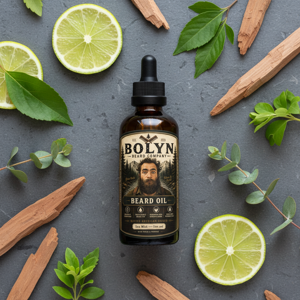 Sea Mist beard oil flat lay